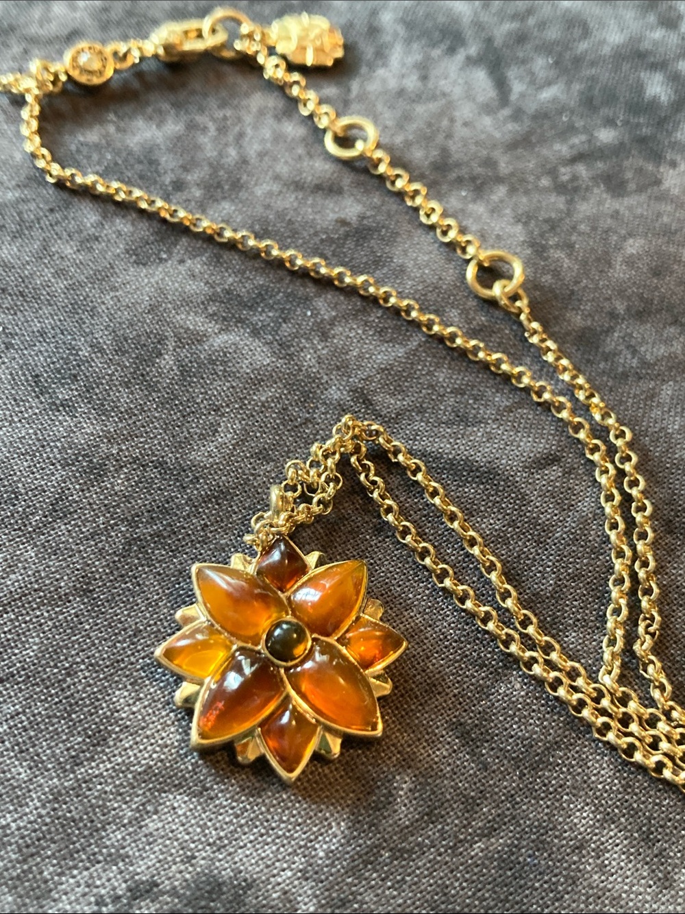 Monet Gold-Tone Amber Colored Flower Pendant Necklace